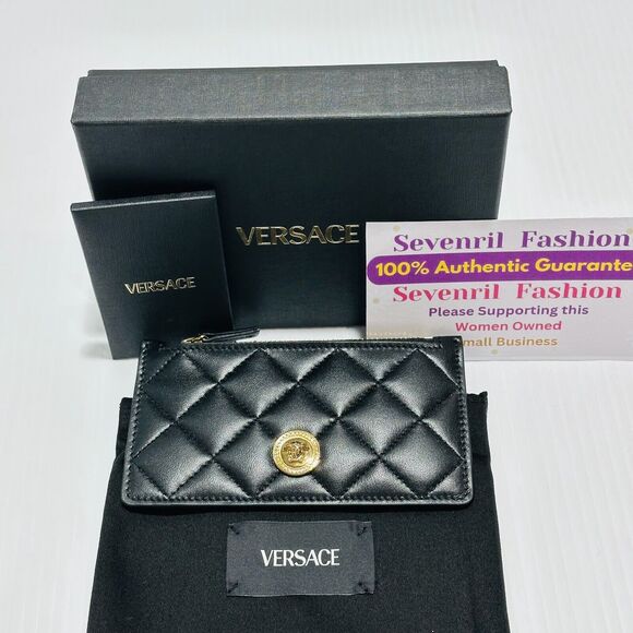 Versace Medusa Card Case Holder Wallet Black Quilted Leather Top Zip NIB - Picture 2 of 10